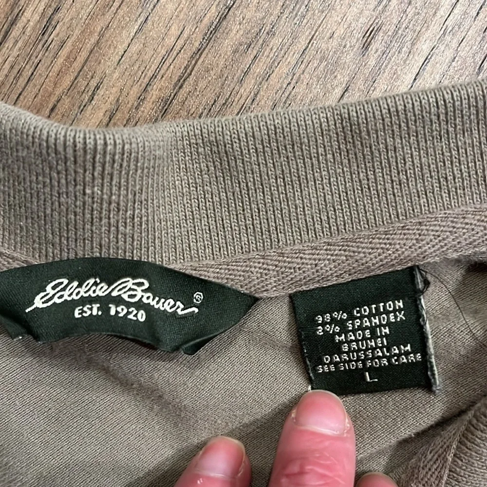 EDDIE BAUER | tan short sleeve slim fit polo, size large